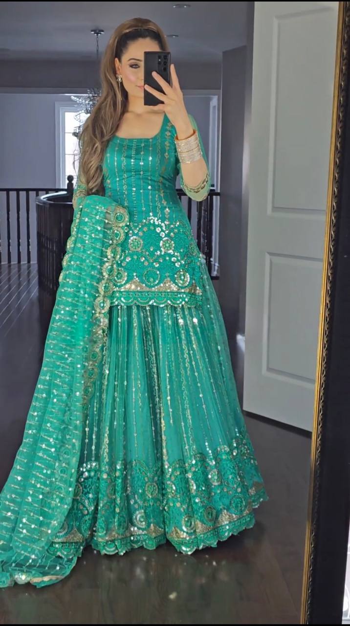 Vibrant Rama Green Gilded Peplum Set